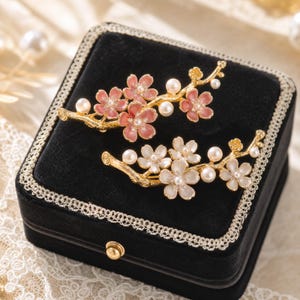 Enamel Cherry Blossom Branch Brooch with Pearls & Crystals – Vintage Floral Pin