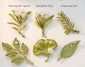 Botanical Brooch Collection, Matte Enamel Pearl Nature Pins, Vintage Style Accessory