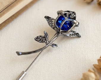 Vintage Black Rose Lapel Pin-Sapphire Blue Crystal Jewelry Gift