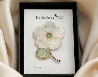 Natural Shell Flower Brooch with Green Aventurine Leaf-Handmade Mother of Pearl Floral Pin