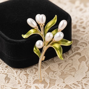 Handmade Olive Branch Pearl Brooch, Enamel Pin, Vintage Style Jewelry