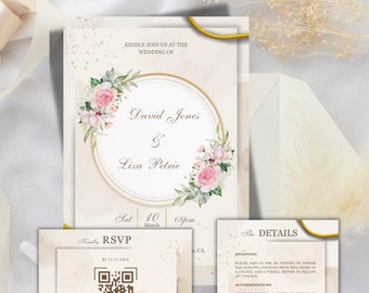Minimalist Wedding Invitation Bundle Qr Code, Modern Invitation Set Template Canva, Minimal Invitation with Qr Code RSVP, Details Card