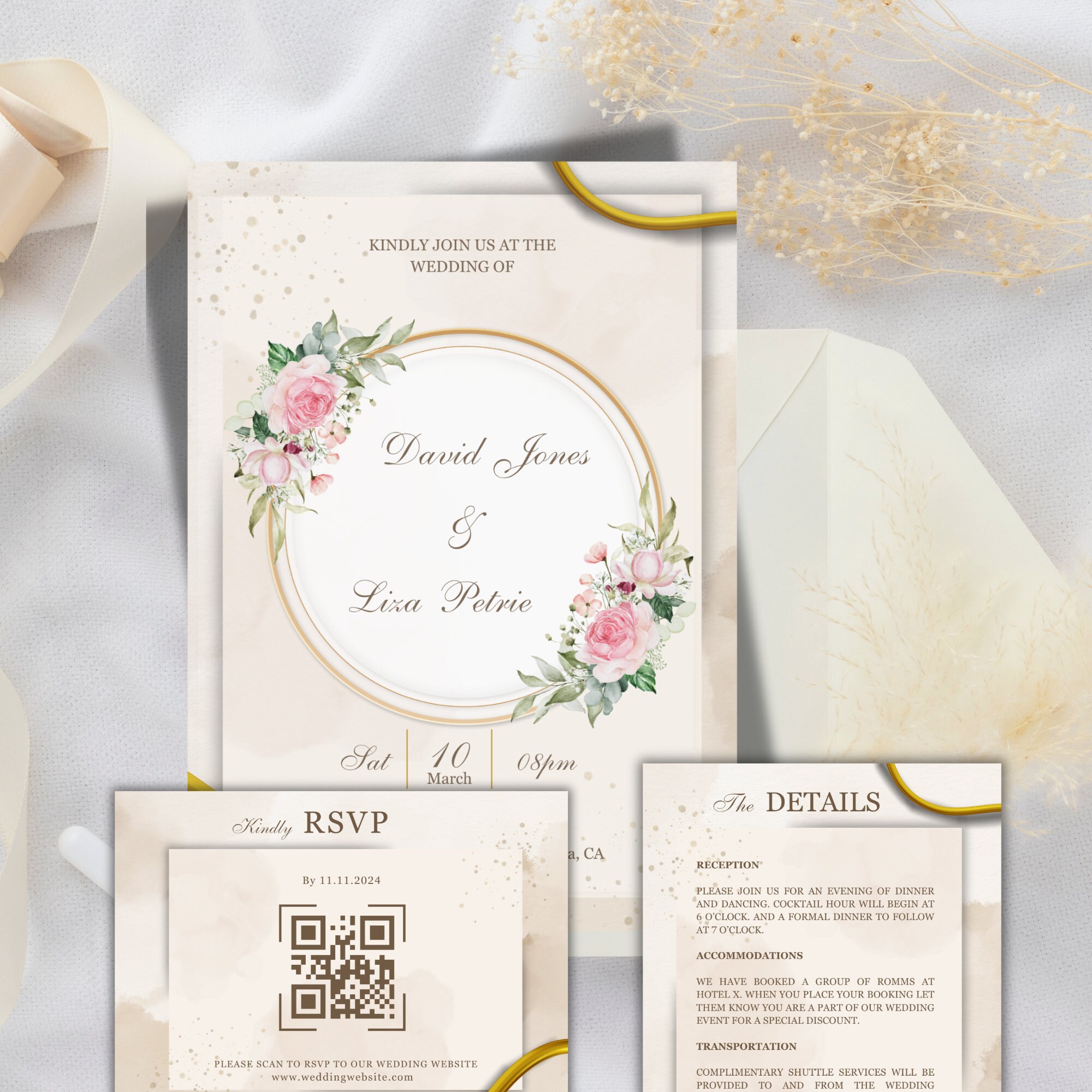 Minimalist Wedding Invitation Bundle Qr Code, Modern Invitation