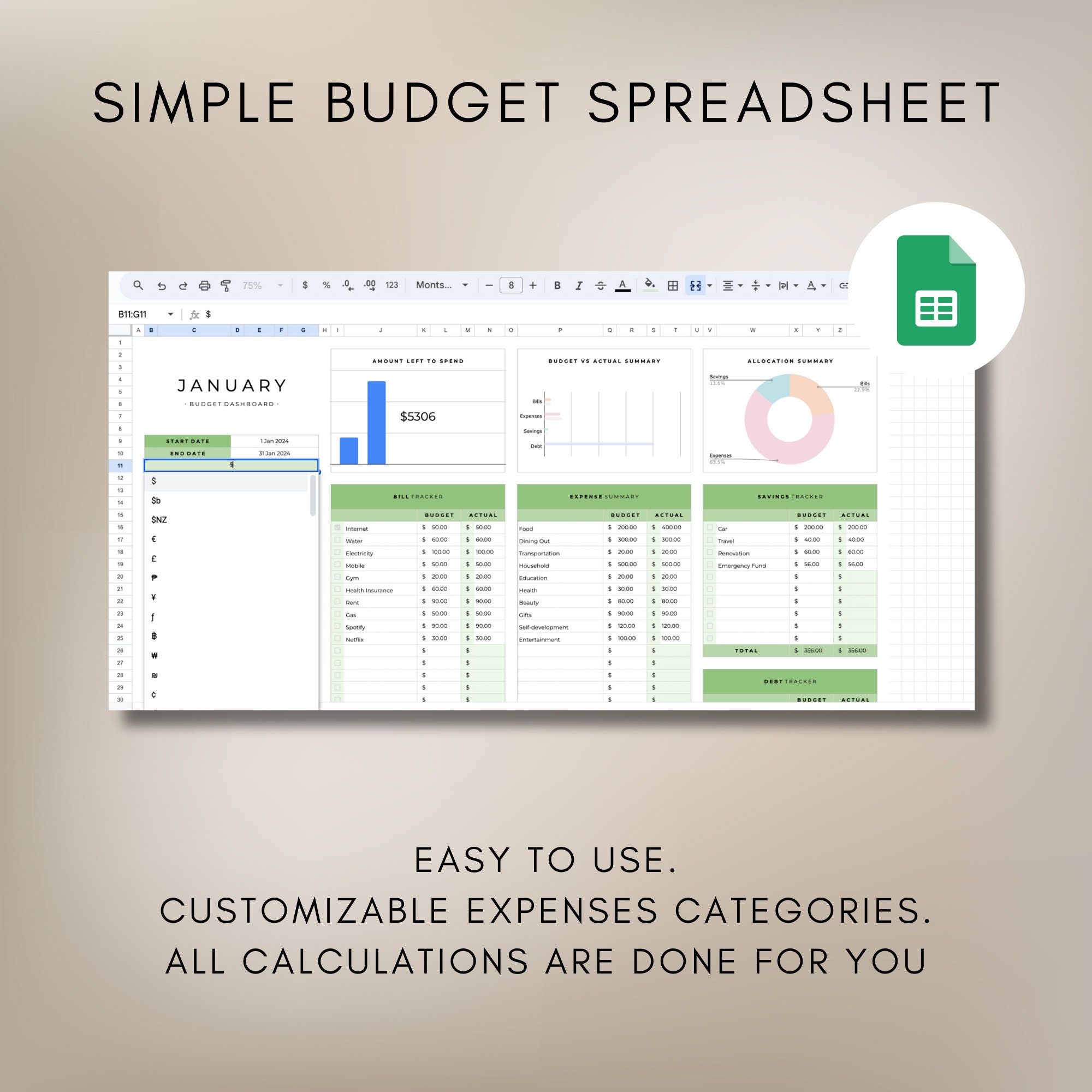 Simple Monthly Budget Google Spreadsheet - Google Sheet Budget Template ...