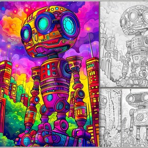 May include: A colorful, cartoon-style robot stands in front of a city skyline. The robot has large, round eyes and is made of various geometric shapes. The city is made of tall, thin buildings with windows. The background is a vibrant purple and pink gradient.