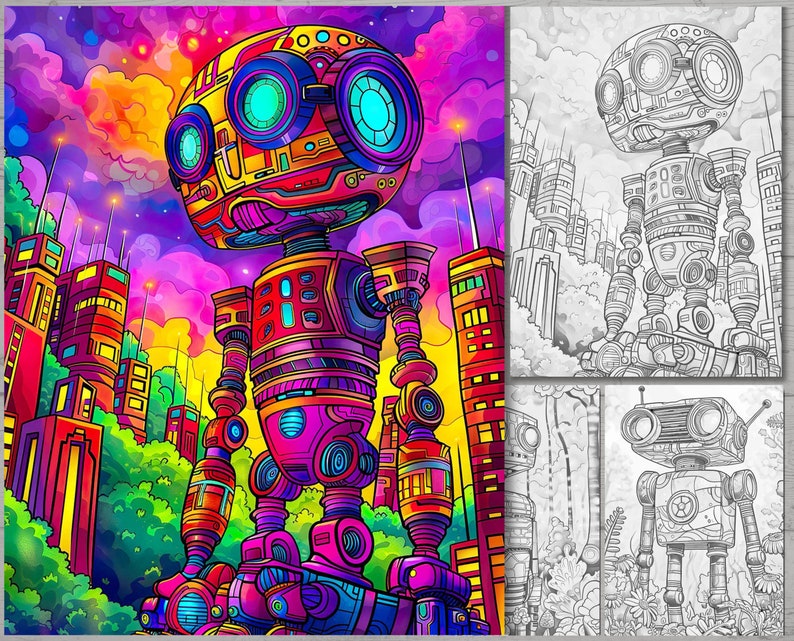 May include: A colorful, cartoon-style robot stands in front of a city skyline. The robot has large, round eyes and is made of various geometric shapes. The city is made of tall, thin buildings with windows. The background is a vibrant purple and pink gradient.