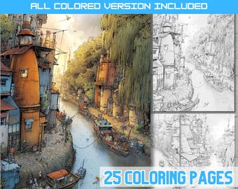 Chinese River Town Coloring Page - Shanghai Guangdong Urban Scene PDF Download