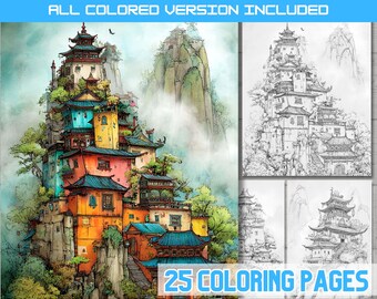 Fantasy Chinese Pagoda Coloring Page, Mystical Temple Landscape Printable, Asian Mountain zen coloring book