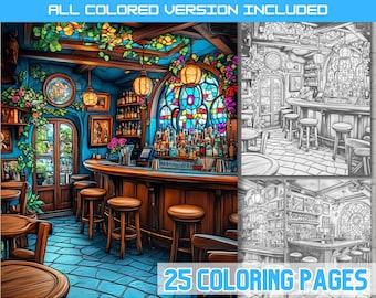 Rustic Pub Interior Coloring Book: Detailed Bar Designs (Digital Download)