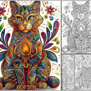 Op de afbeelding: Een kleurrijke, ingewikkelde illustratie van een kat met een bloemenontwerp. De kat zit met gekruiste poten en heeft een helder oranje, geel en blauw patroon.