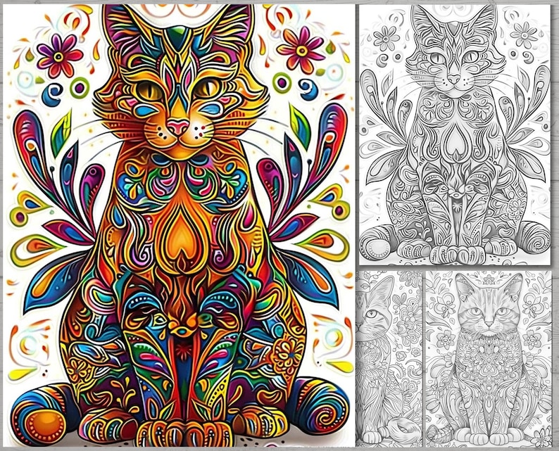 Op de afbeelding: Een kleurrijke, ingewikkelde illustratie van een kat met een bloemenontwerp. De kat zit met gekruiste poten en heeft een helder oranje, geel en blauw patroon.