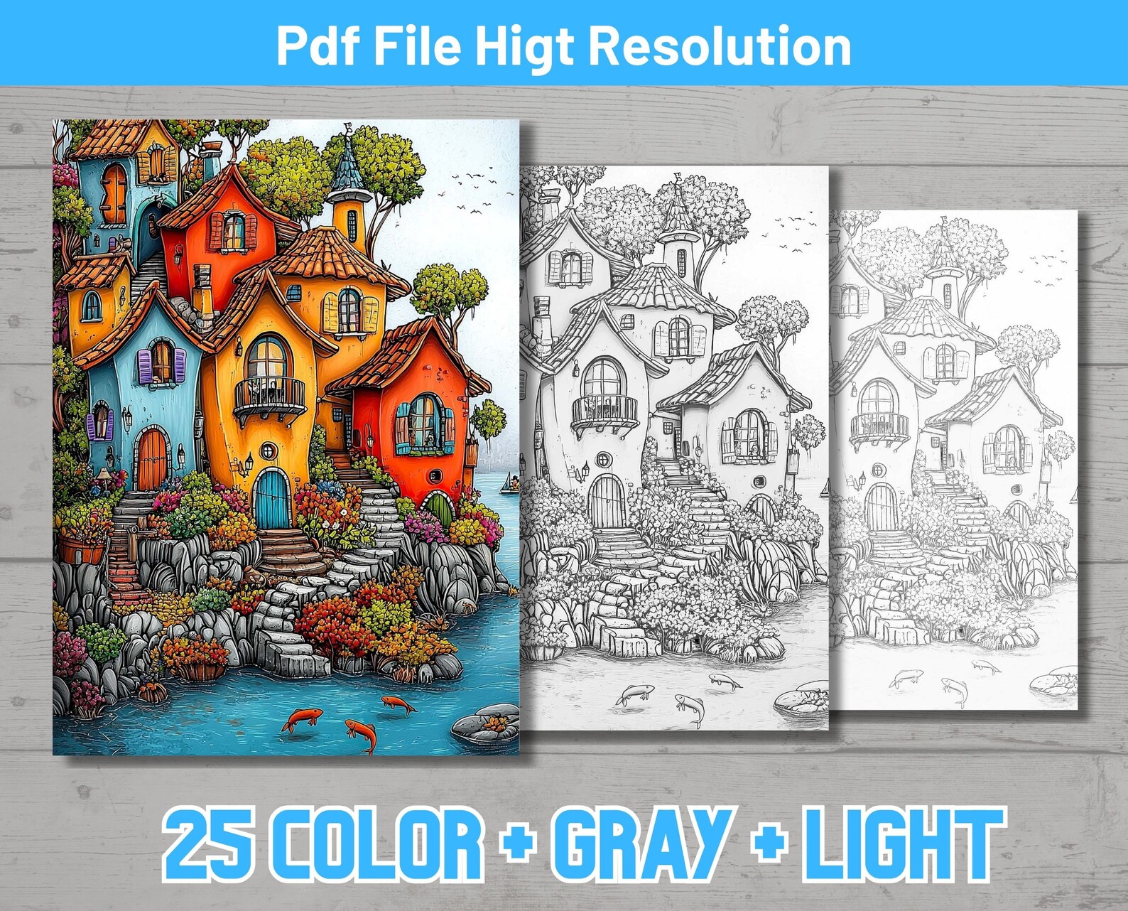 Fantasy Lake Village Coloring Book: Detailed Scenes, Relaxing Pages ...