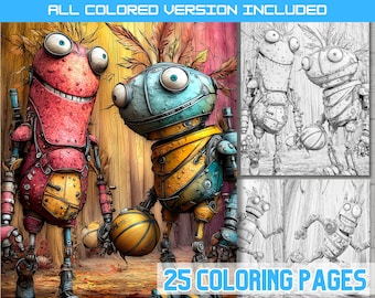 Whimsical Friend Robot Coloring Book, Steampunk Robot sheet, Fantasy Art Pages, PDF Download
