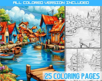 Harbor Blossom Coloring Pages, Cozy Coastal Village Coloring Book, Waterfront Houses and Boats