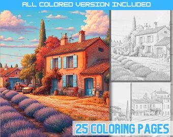 French Provence Coloring Book, Lavender Field Farmhouse, Rustic Village Landscape, Countryside Art