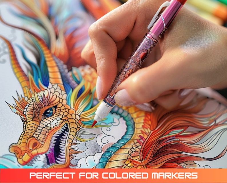 May include: A hand holding a pink and silver marker pen with a white tip, coloring in a detailed drawing of a dragon with gold, red, blue, and green scales. The dragon is on a white background.