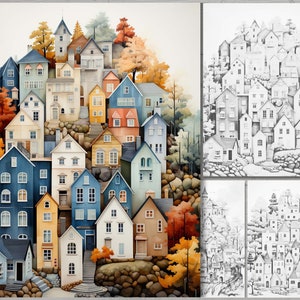 May include: Watercolor painting of a hillside village with colorful houses. The houses are painted in shades of blue, yellow, and white, with orange and yellow trees. The image includes three additional smaller images of the same village in grayscale.