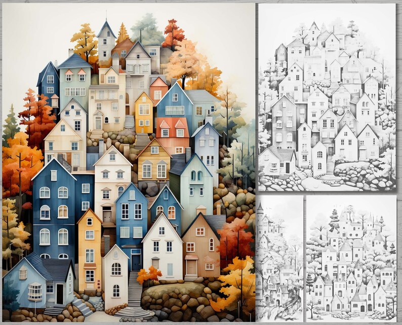 May include: Watercolor painting of a hillside village with colorful houses. The houses are painted in shades of blue, yellow, and white, with orange and yellow trees. The image includes three additional smaller images of the same village in grayscale.