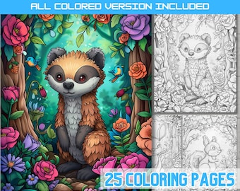 Woodland Creatures Coloring Book, Forest Animals, Flowers (Digital Download)