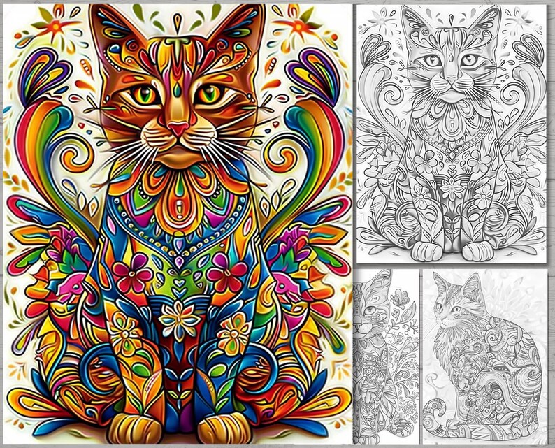 Op de afbeelding: Een kleurrijke, gedetailleerde illustratie van een kat met een ingewikkeld bloemmotief. De kat zit met zijn poten ingetrokken en heeft een helder oranje, geel, blauw en groen ontwerp.