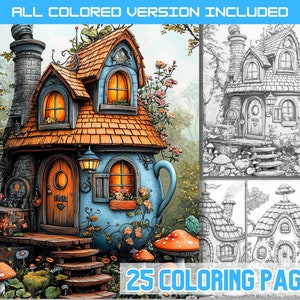 Libro da colorare "Enchanted Teapot Cottage": pagine fantasy stampabili (download digitale)
