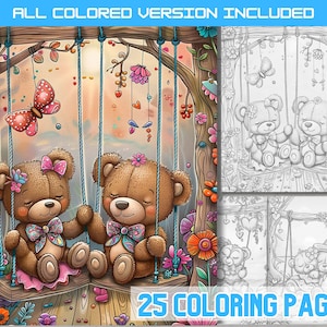May include: Two brown teddy bears with pink bows are sitting on a swing in a whimsical woodland setting. The bears are holding hands and smiling. The background is filled with flowers and butterflies. The image is part of a set of 25 colouring pages.