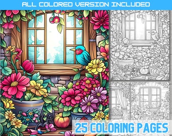 Floral Window Coloring Pages: Greyscale & Color (PDF File)