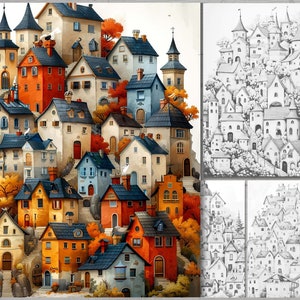 May include: Watercolor illustration of a village nestled on a hillside, featuring a collection of colorful houses with varying rooflines and architectural details. The houses are painted in shades of orange, red, blue, and beige, with autumn foliage.