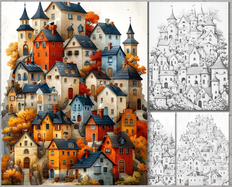 May include: Watercolor illustration of a village nestled on a hillside, featuring a collection of colorful houses with varying rooflines and architectural details. The houses are painted in shades of orange, red, blue, and beige, with autumn foliage.