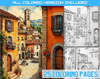 Italian Hilltop Village Coloring Book, Tuscany Street, Mediterranean Architecture, European Village