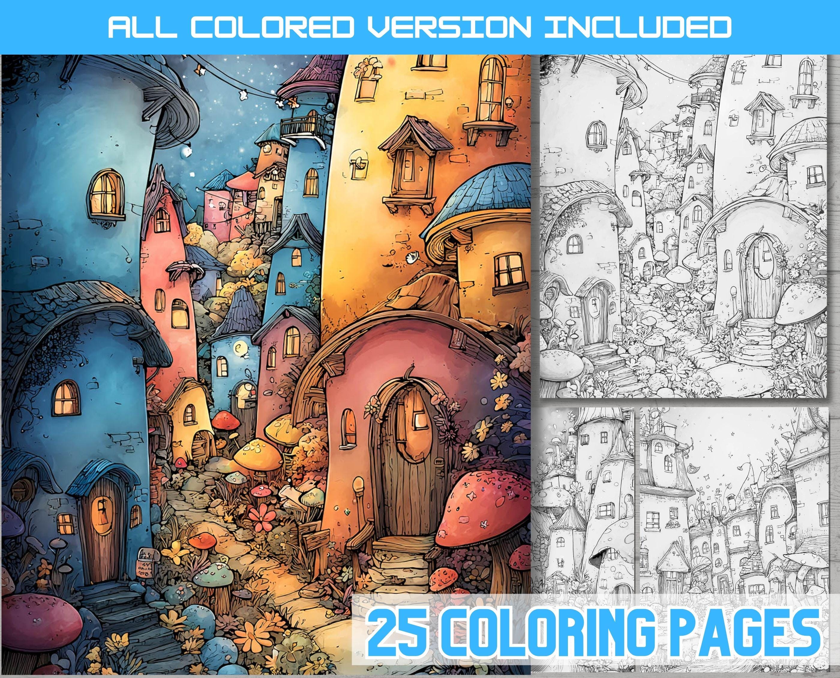 Whimsical Town Coloring Pages, Fantasy Fairy Village, Mushroom Houses ...