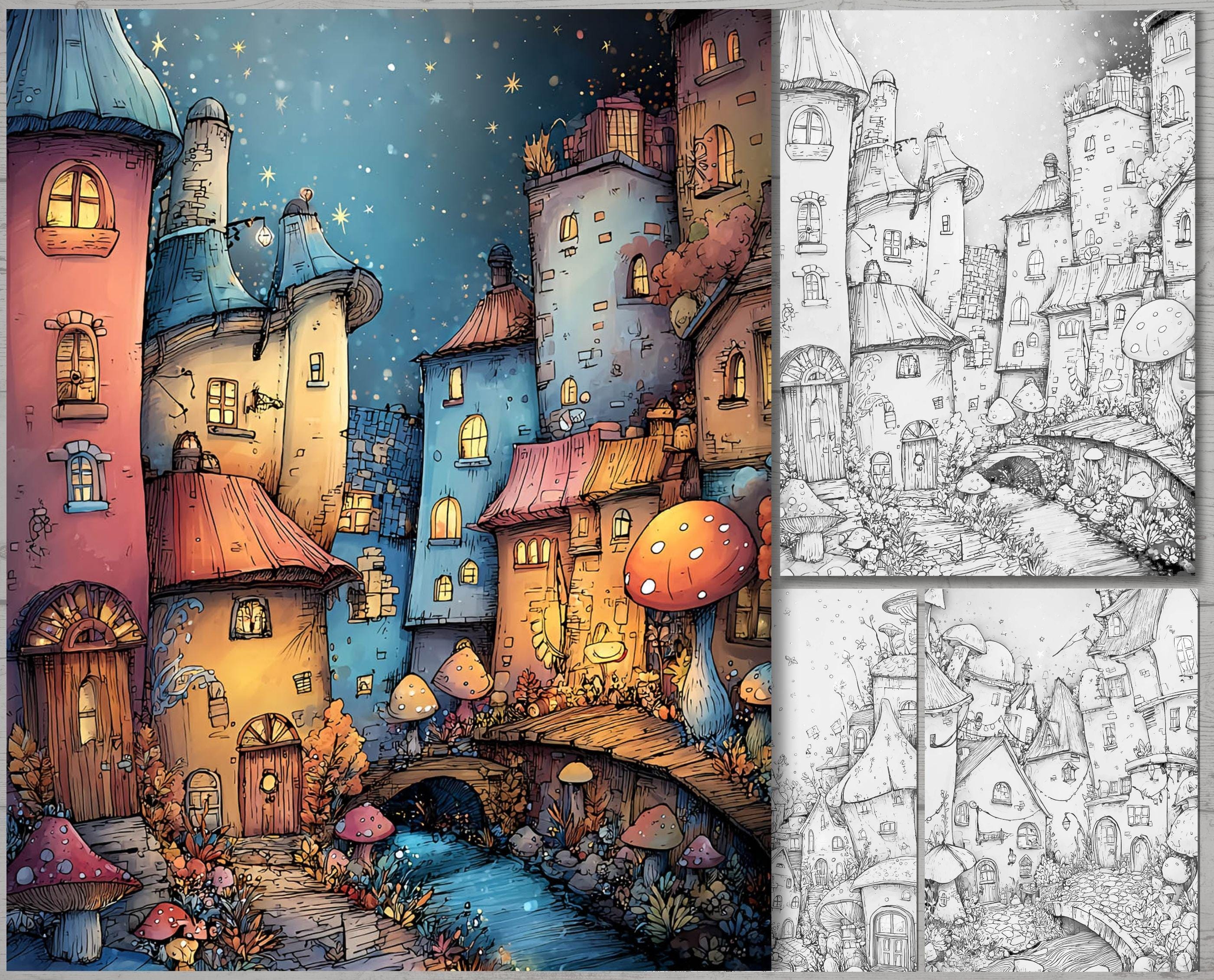 Whimsical Town Coloring Pages, Fantasy Fairy Village, Mushroom Houses ...