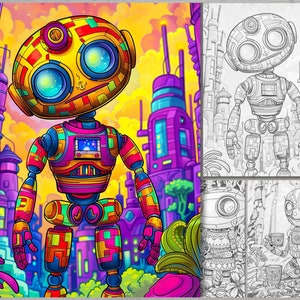 May include: A colorful robot with a geometric design stands in front of a futuristic city. The robot has large eyes and a bright yellow head. The city is made up of tall buildings with purple and blue accents.