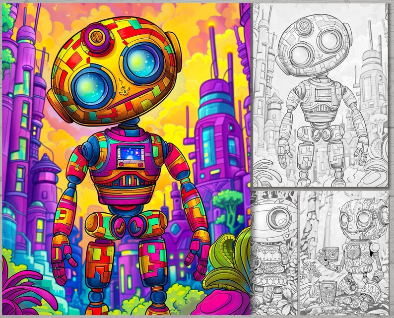 May include: A colorful robot with a geometric design stands in front of a futuristic city. The robot has large eyes and a bright yellow head. The city is made up of tall buildings with purple and blue accents.