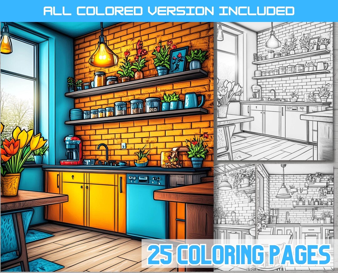 Modern Home Interior Coloring Pages: Kitchen & Living Room (digital ...
