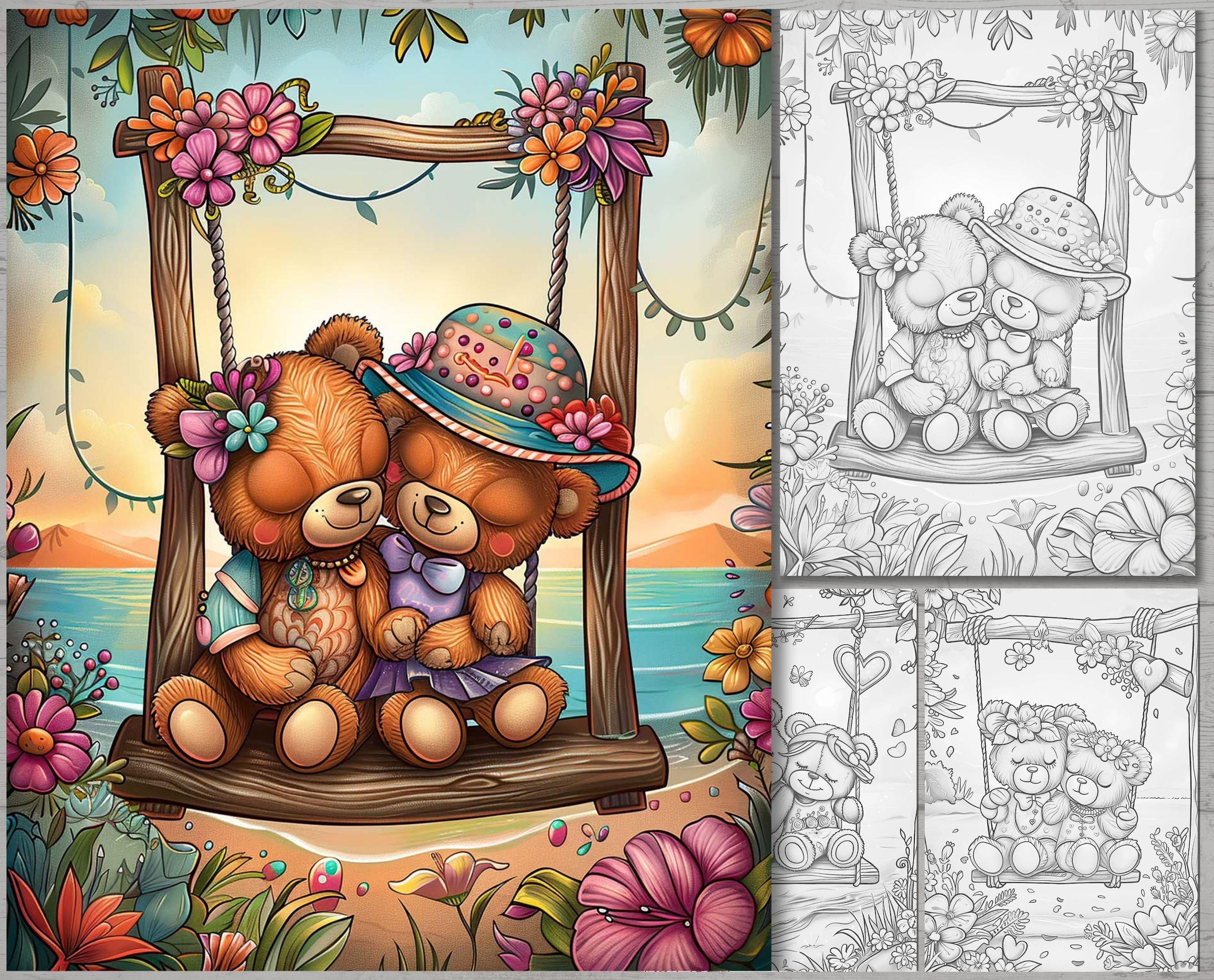 Cute Teddy Bear Coloring Book, Adorable Love Flowers and Bears, Sweet ...