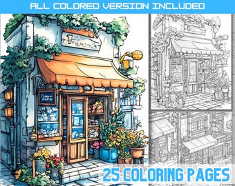 Storefront Coloring Book: Whimsical Shops, Fantasy Art (PDF Download)