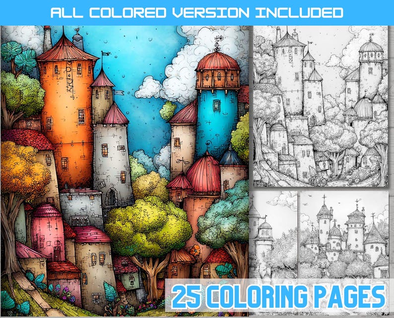 Whimsical Fairy Tale Village Coloring Book, Fantasy Castle Town ...