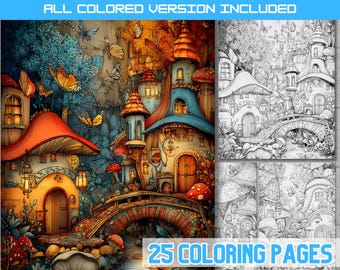 Enchanted Mushroom Village coloring book, Cottage Fairy Village, Whimsical Forest Art PDF Download