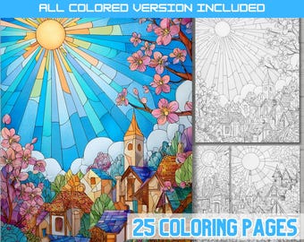 Fantasy Stained Glass Village Coloring Page, Whimsical Cottage Town Landscape, Spring Blossom Trees