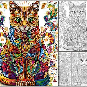 Op de afbeelding: Een kleurrijke, ingewikkelde illustratie van een kat met een bloemenontwerp. De kat zit met zijn poten onder zich. De achtergrond is wit.