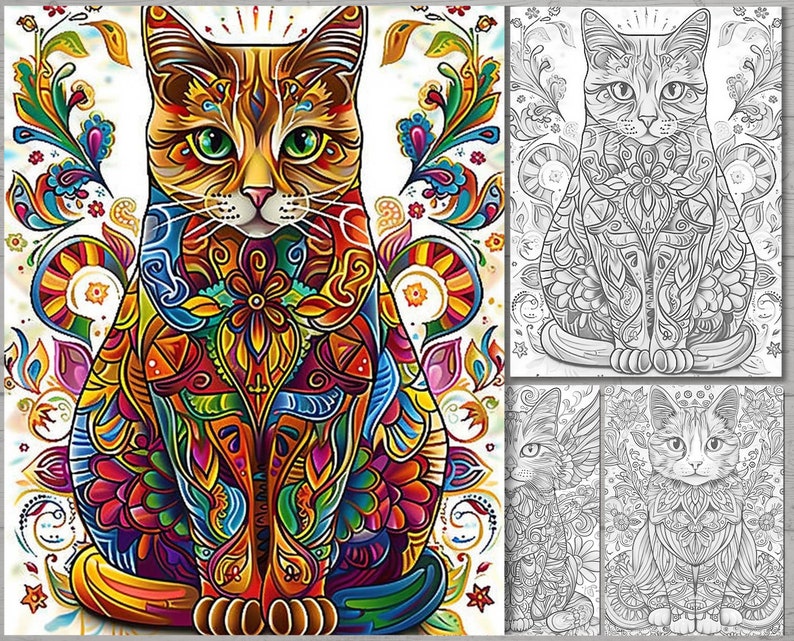 Op de afbeelding: Een kleurrijke, ingewikkelde illustratie van een kat met een bloemenontwerp. De kat zit met zijn poten onder zich. De achtergrond is wit.