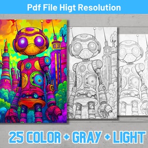 May include: A colorful robot with a circular pattern stands in front of a city skyline. The robot has large, round eyes and a bright pink, yellow, and blue color scheme. The city buildings are tall and slender, with a variety of colors and designs. The image is in a cartoon style and is suitable for coloring.