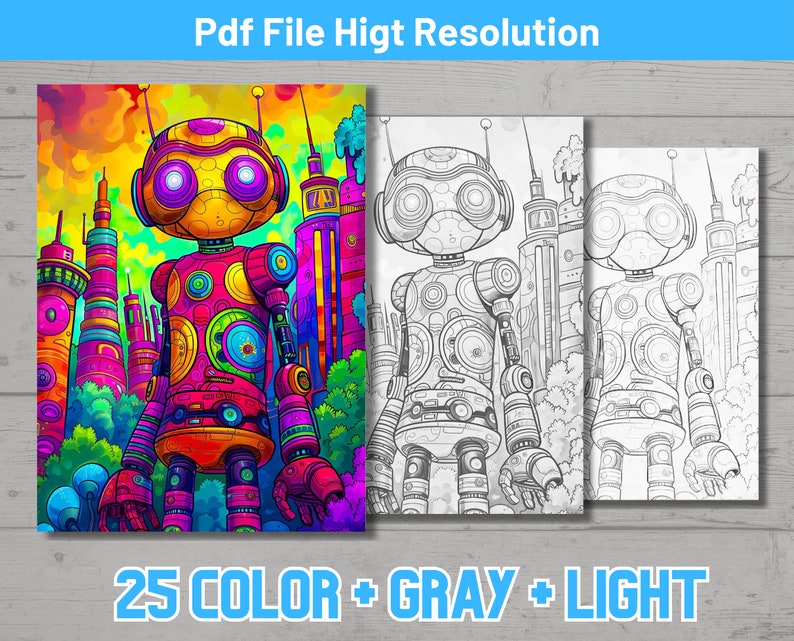 May include: A colorful robot with a circular pattern stands in front of a city skyline. The robot has large, round eyes and a bright pink, yellow, and blue color scheme. The city buildings are tall and slender, with a variety of colors and designs. The image is in a cartoon style and is suitable for coloring.