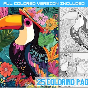 Página para colorear de tucanes tropicales peculiares, libro para colorear de tucanes exóticos y divertidos, arte gráfico de aves de la jungla de dibujos animados extravagantes, tucanes de verano divertidos