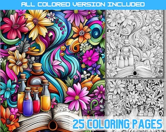Floral Magic Potions Coloring Pages: Adult & Kids Fantasy (Digital Download)