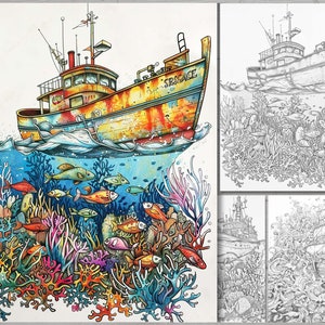 May include: A colorful illustration of a rusty boat with the word "STRAGACE" on the side, partially submerged in water with coral reefs and fish. The boat is surrounded by a variety of colorful fish, including red, orange, yellow, and blue. The coral reefs are also a variety of colors, including pink, purple, and green.