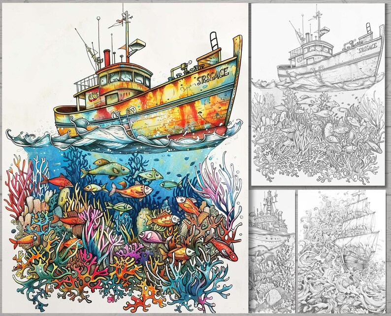 May include: A colorful illustration of a rusty boat with the word "STRAGACE" on the side, partially submerged in water with coral reefs and fish. The boat is surrounded by a variety of colorful fish, including red, orange, yellow, and blue. The coral reefs are also a variety of colors, including pink, purple, and green.