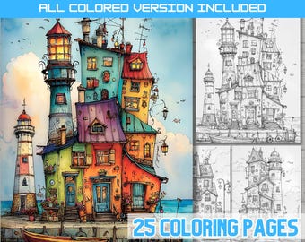 Whimsical Seaside Village Coloring Pages, Coastal Town, Lighthouse Houses, Fantasy Harbor PDF Download