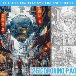 May include: A futuristic city scene with a large, round, blue spaceship hovering over a street lined with buildings. The street is wet and there are people walking on it. The image is in color and has a cartoon style.